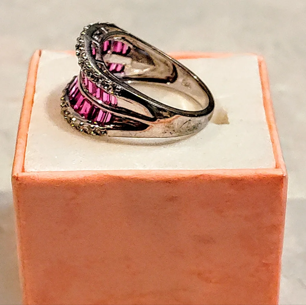 STERLING SILVER RUBY & DIAMOND RING BAGUETTE CUT RUBY & ROUND CUT DIAMONDS 8½ - Picture 9 of 16